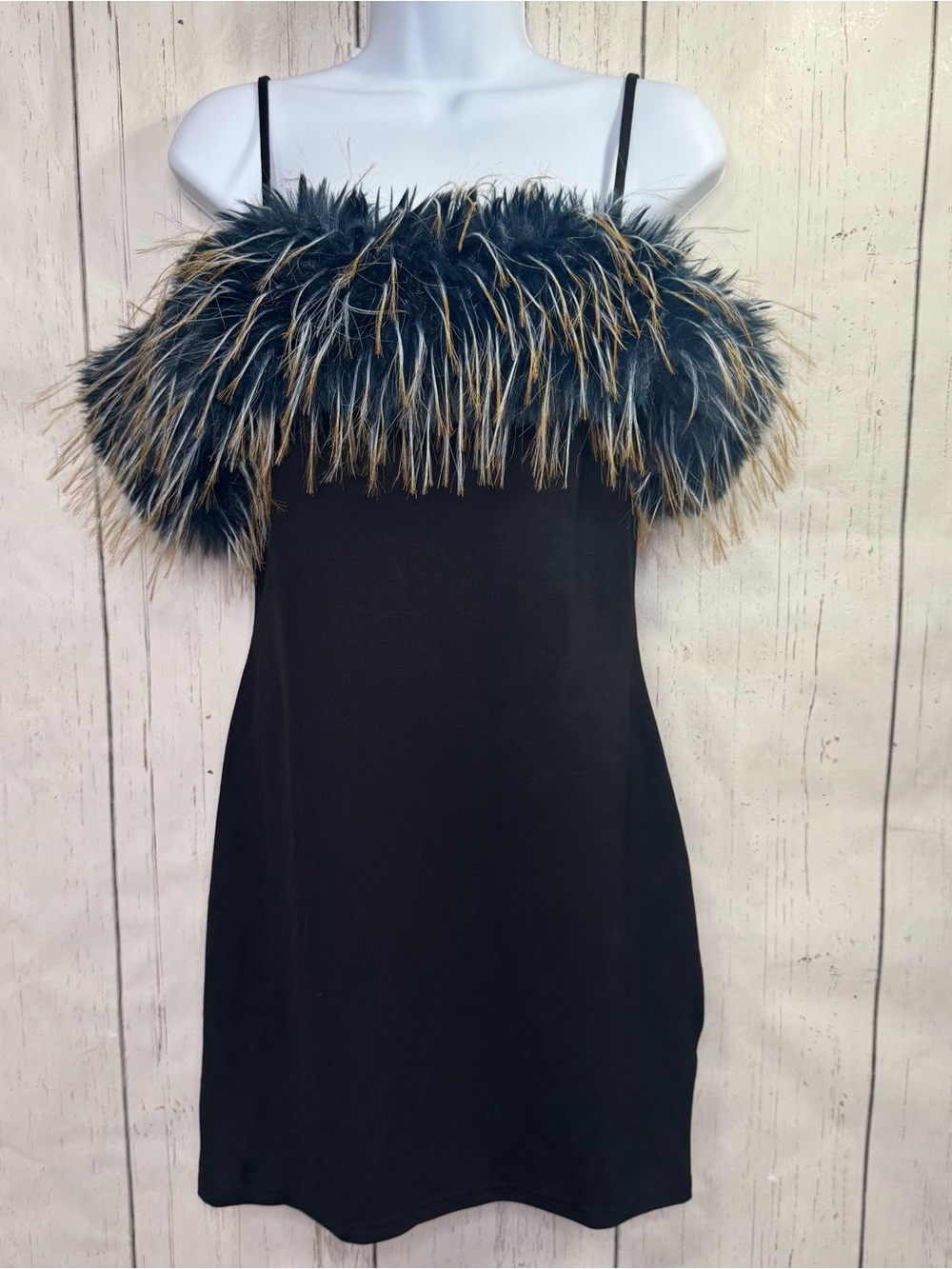 Hot & Delicious Black Mini Dress L Faux Fur Trim Y2K Mob Wife Party Girl Glam